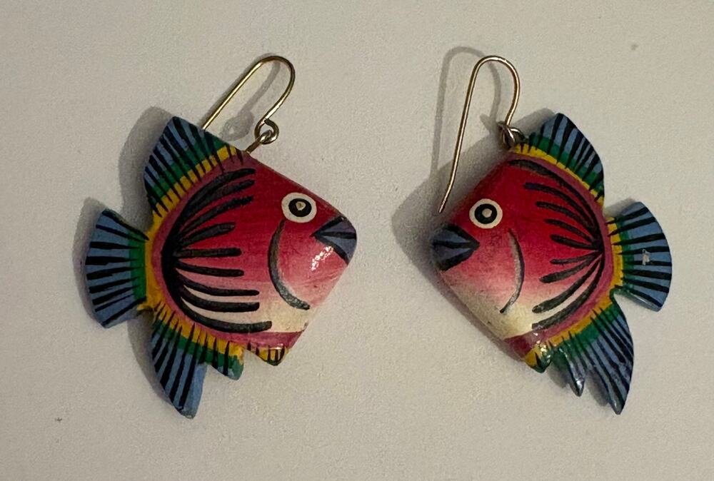 Vintage Hand Painted Wood Fish Dangle Earrings